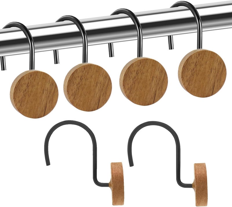 JTDTH Shower Curtain Hooks, Wood Decorative Shower Curtain Rings, Modern Round Log Shower Curtain Hangers, 12PCS Shower Hooks for Shower Curtain Rod, Bedroom, Living Room (Black) - Image 1